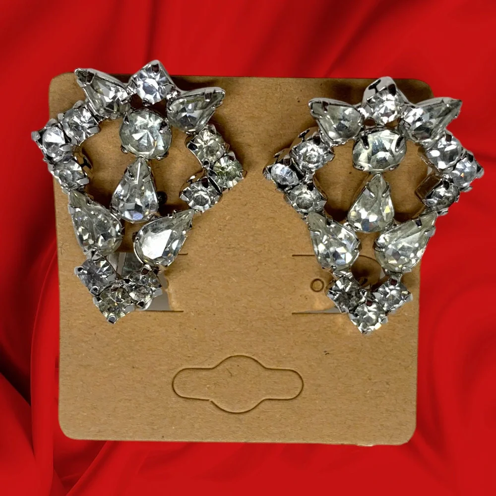 Vintage 1960's Art Deco Crystal Earrings Clip On Runway Couture Carded